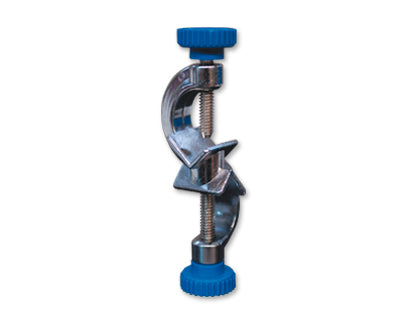 silver clamp with blue screw knobs standing vertically on a white background