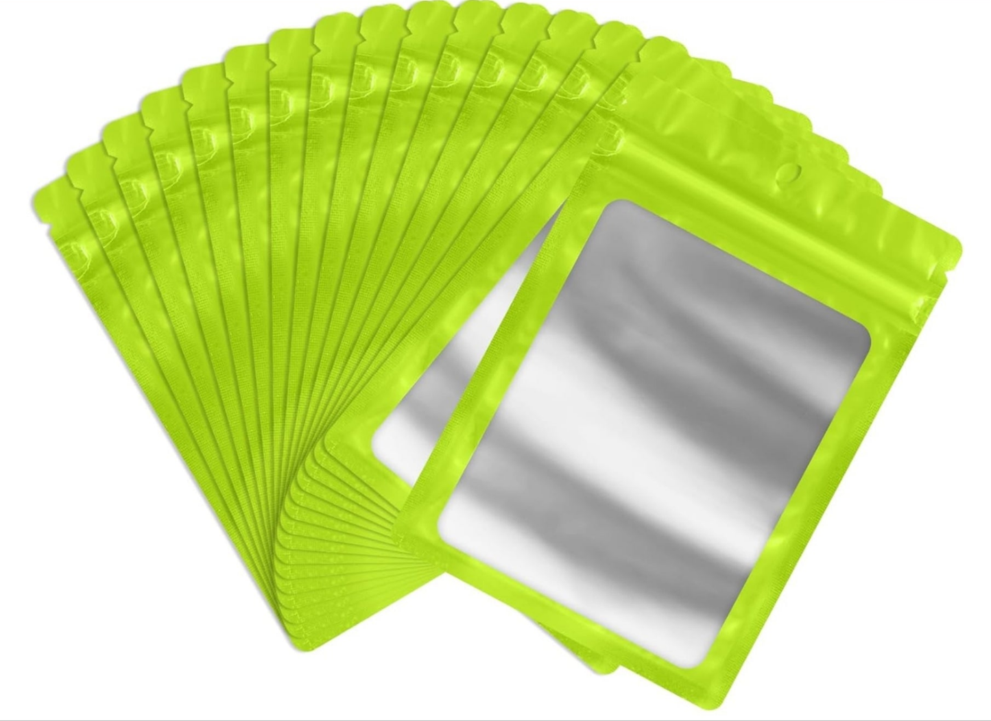 fanned out green windowed mylar bags