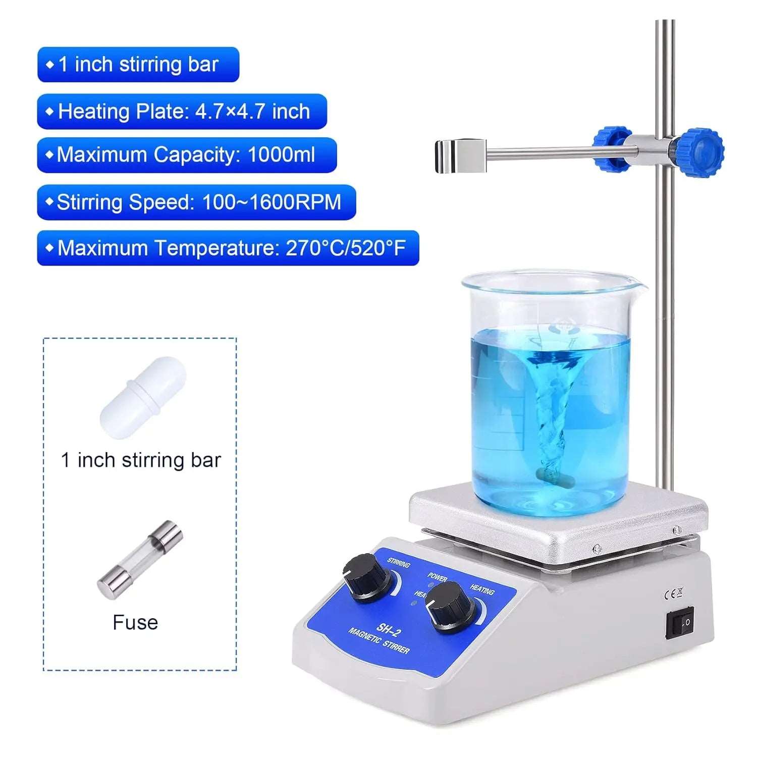 Slendor Magnetic Stirrer SH-2 Hot Plate Mixer Max 520℉ Lab Hotplate Stirrer 2000 RPM Stir Plate with Thermometer, Stirrer Bar and Support Stand - Viking Lab Supply