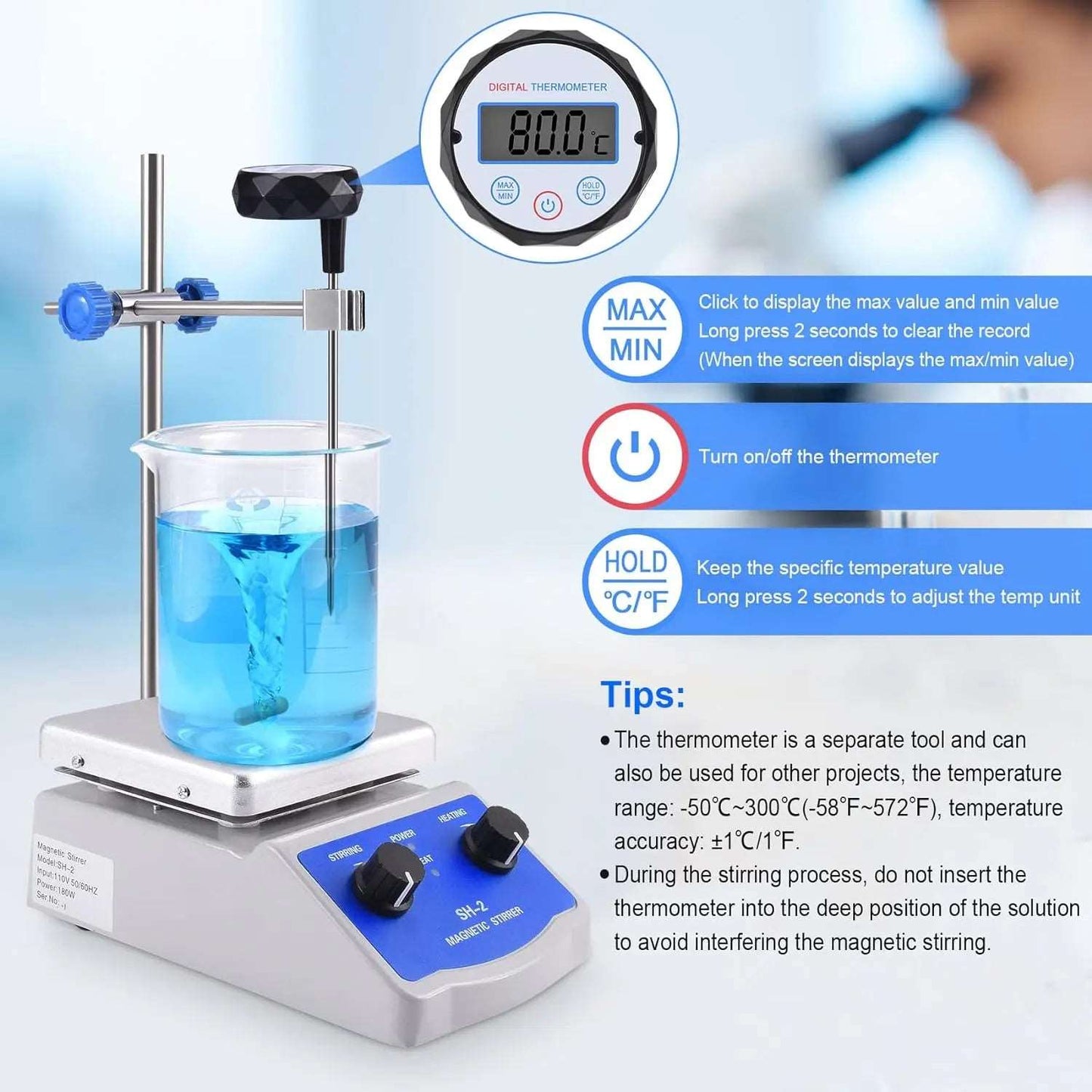 Slendor Magnetic Stirrer SH-2 Hot Plate Mixer Max 520℉ Lab Hotplate Stirrer 2000 RPM Stir Plate with Thermometer, Stirrer Bar and Support Stand - Viking Lab Supply