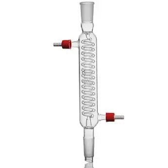 Borosilicate glass Graham style condenser with an upper standard taper outer and lower inner drip tip joint. Hose connections have an OD of 10mm at the middle serration.Effective length: 200mm. Joints size 24/40.